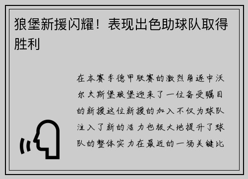 狼堡新援闪耀！表现出色助球队取得胜利