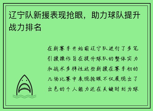 辽宁队新援表现抢眼，助力球队提升战力排名
